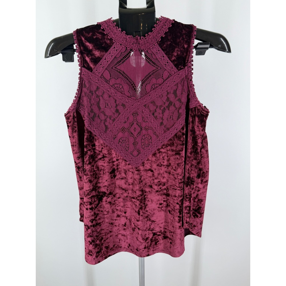 Pink Lily Burgundy Crushed Velvet‎ Lace Yoke Sleeveless Top Boho Gothic L